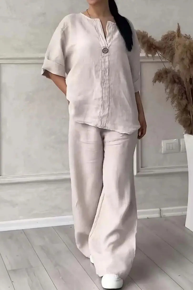 Women's Cotton and Linen Pants Suit Casual Solid Pullover Pants 2-piece Set White Pink Simple Wide Leg Pants Two Piece Set Suits