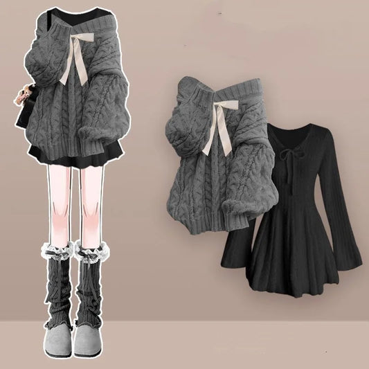 Women's 2026 Winter New Fashion Knitted Sweater Midi Skirt Matching Set Korean Elegant Pullover+Long-sleeve Dress Two Piece Suit