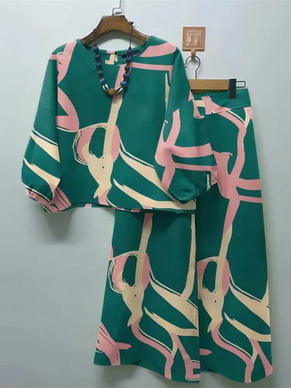 2024 Spring Autumn New Women's Fashion Geometric Printed Casual Matching Set Bohemian Top Wide Leg Pants 2-piece Set