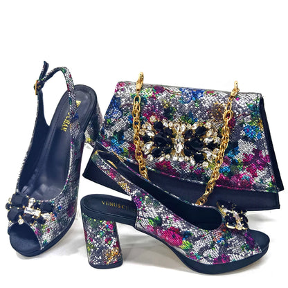 Venus Chan Italian Sandals and Bags Matching Set 2024 Women Heel Party for Gold Colour Wedding Bigger Size Thick Heel Shoes