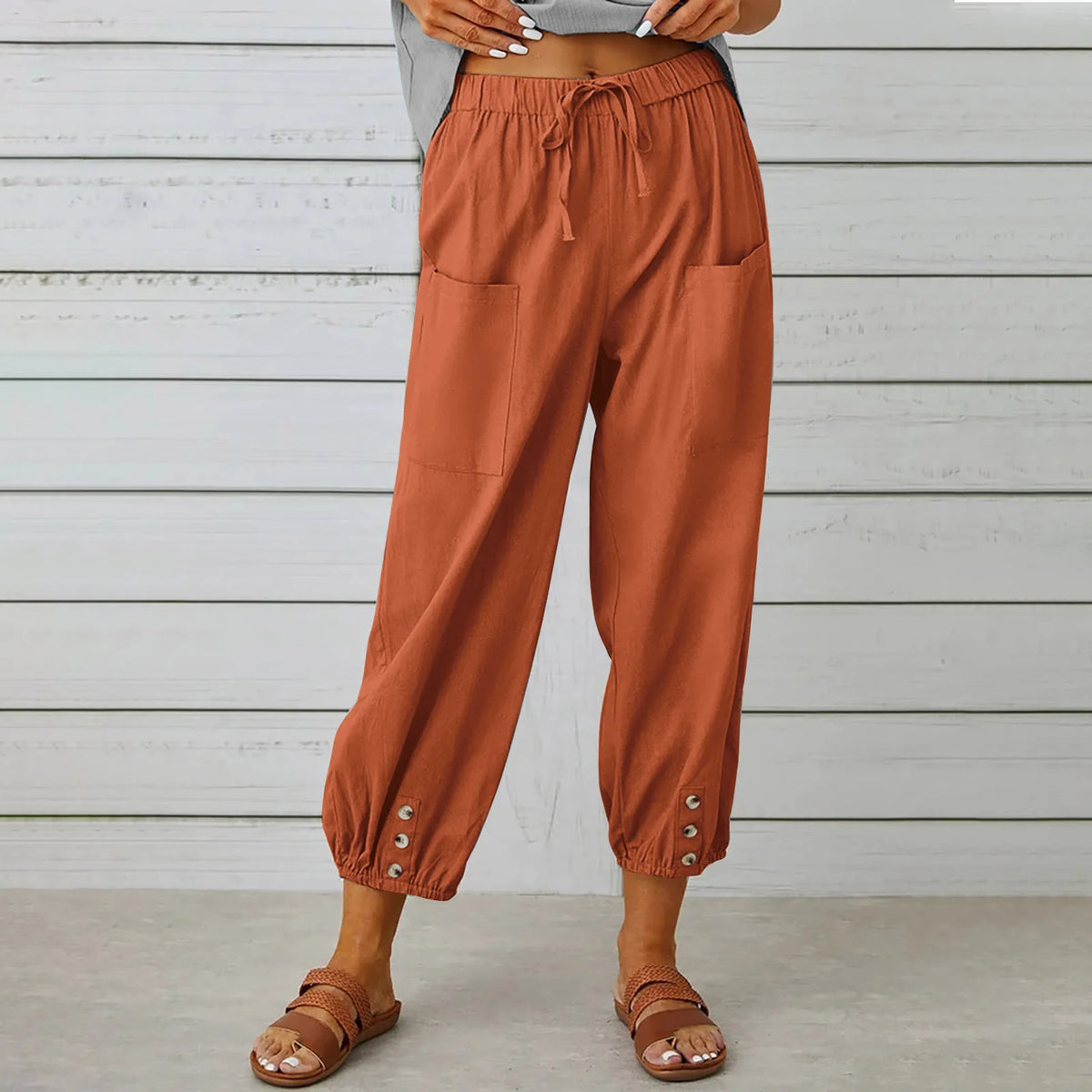 2024 New loose fitting high waisted button cotton and linen pants from Europe and America cropped pants wide leg women's pants