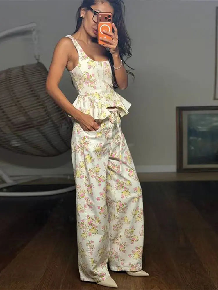 Women Pants Sets Peplum Matching Set Floral Print Vest Sleeveless Top Wide Leg Trousers 2-Piece Outfit Spring Woman Clothes