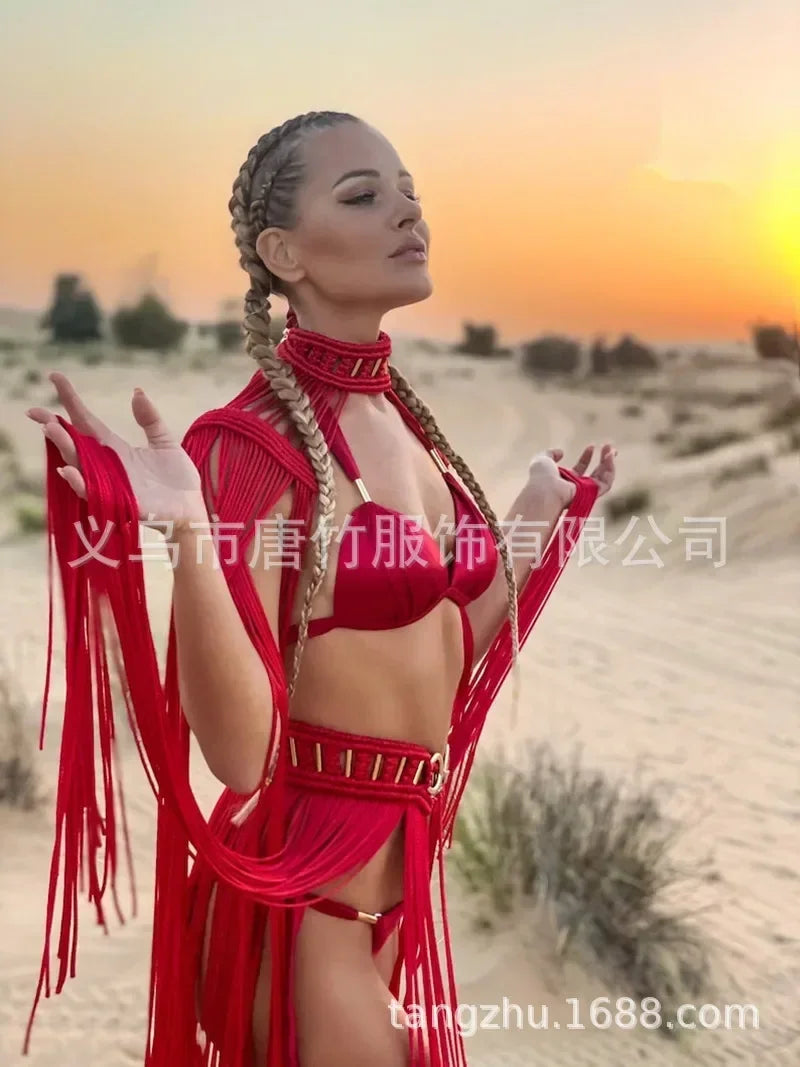 Leosoxs Hand Crochet Knitted Women Bikini Cover Ups Summer Holiday Tassel Beach Bathing Suit Sexy Hollow Out Skirts Matching Set