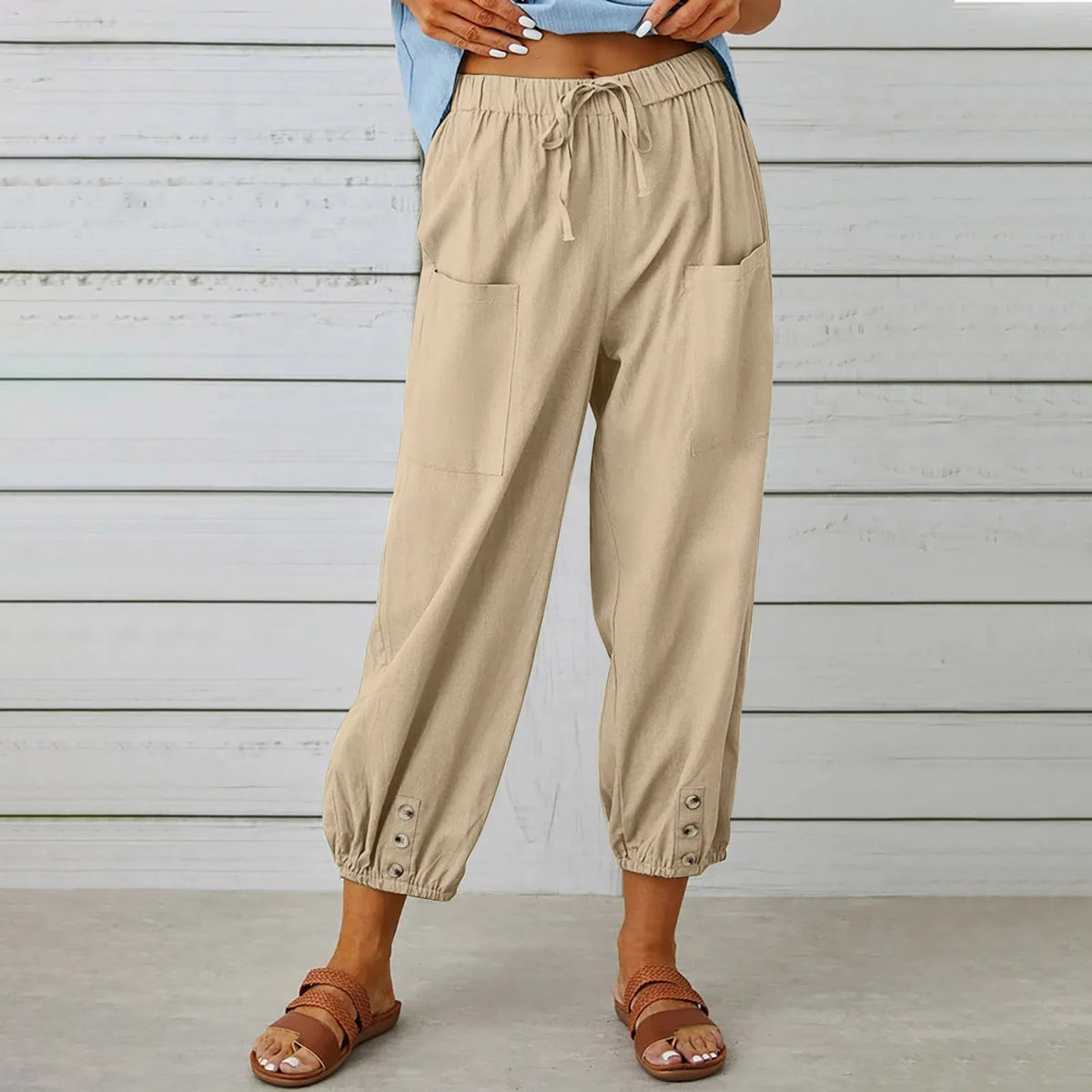 2024 New loose fitting high waisted button cotton and linen pants from Europe and America cropped pants wide leg women's pants