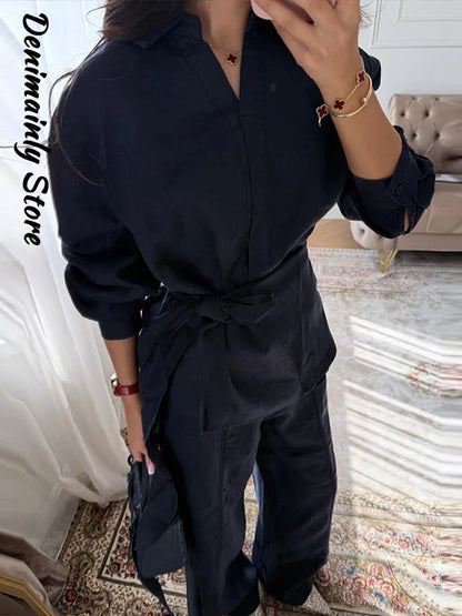 Casual Women's Linen Pants Set 2 Pieces Loose Lace Up Lapel Buttons Shirt Wide Leg Pant 2026 Spring Summer Lady Holiday Suits