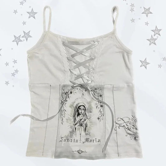Y2k 2000s Tops Gothic Emo Girls Camisole Tops Printing Grunge Crop Tops Clothes Vintage Punk Women Corset Tank Top Silk Baby Tee