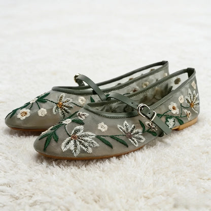 Summer Mesh Embroidered Flower Ballet Flats Women Light Breathable Mary Jane Shoes Luxury Designer Flats Comfortable Casual Shoe